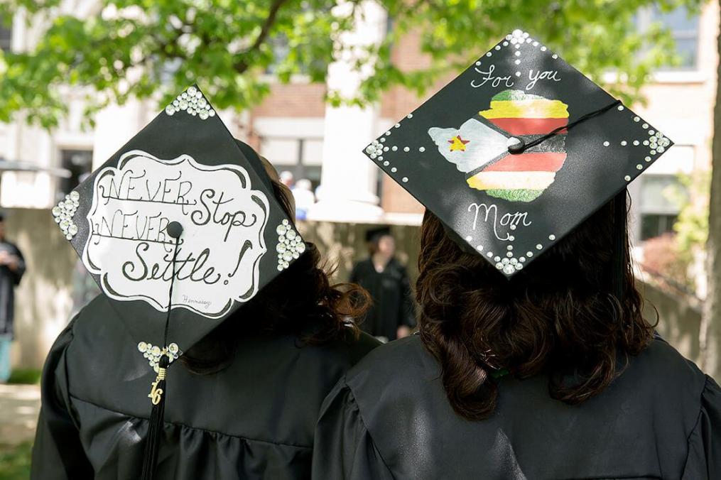 Two Keuka College students on graduation day.